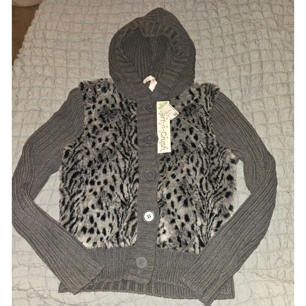 Heart N Crush Girls L 10 Cardigan Sweater Faux Fur Leopard Hooded Gray NWT